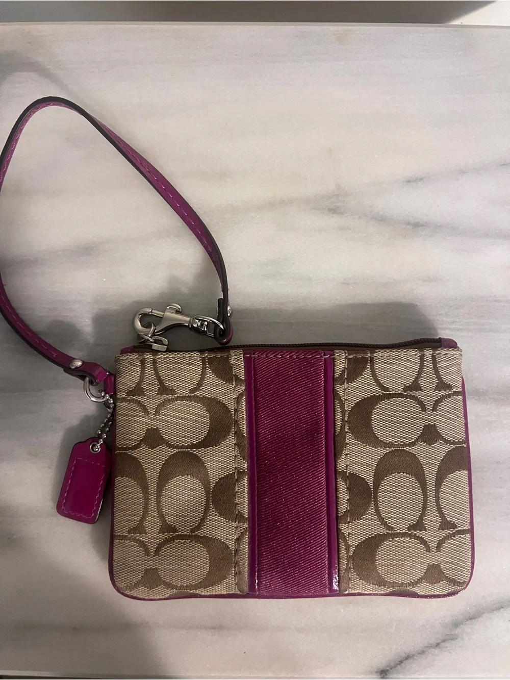 Coach Tan Signature Canvas Wristlet Khaki and Passion Berry